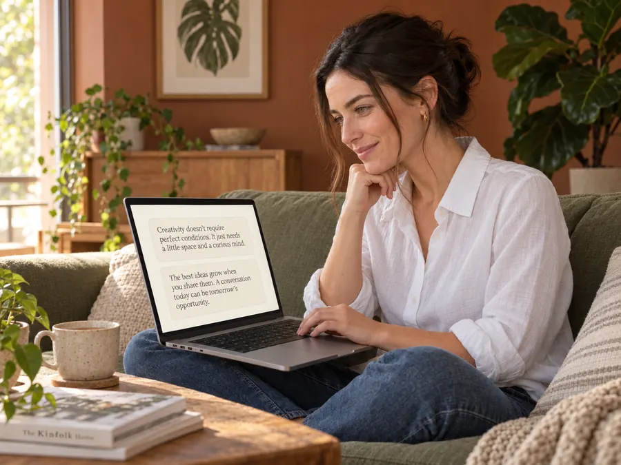 Dieselbe Creatorin auf ihrem Sofa, auf dem Laptop zwei ihrer eigenen Posts